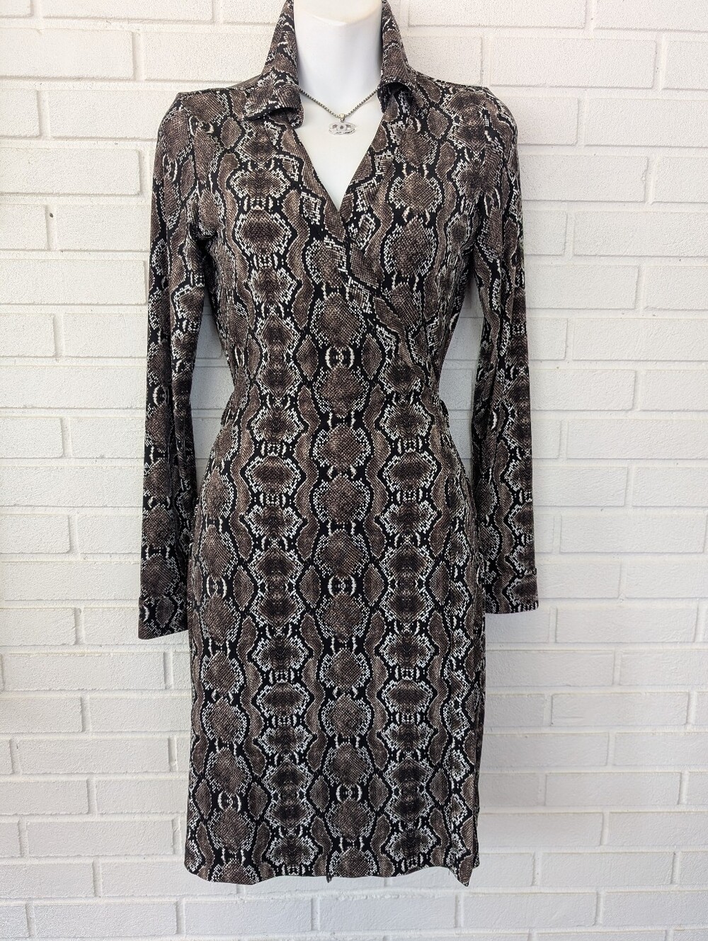 Calvin Klein Brown & Black Snake-Print Long Sleeve Wrap Dress